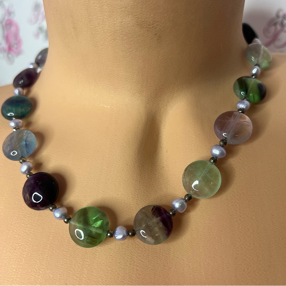 Flourite Necklace Toggle Crystal Healing Gems Rocks Blue Green Purple & Pearl